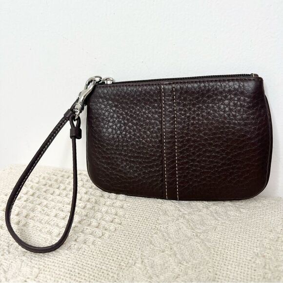Y2K Coach Small Pebble Leather Wristlet F42389 Silver Mahogany Brown Clip Pouch - Picture 2 of 10